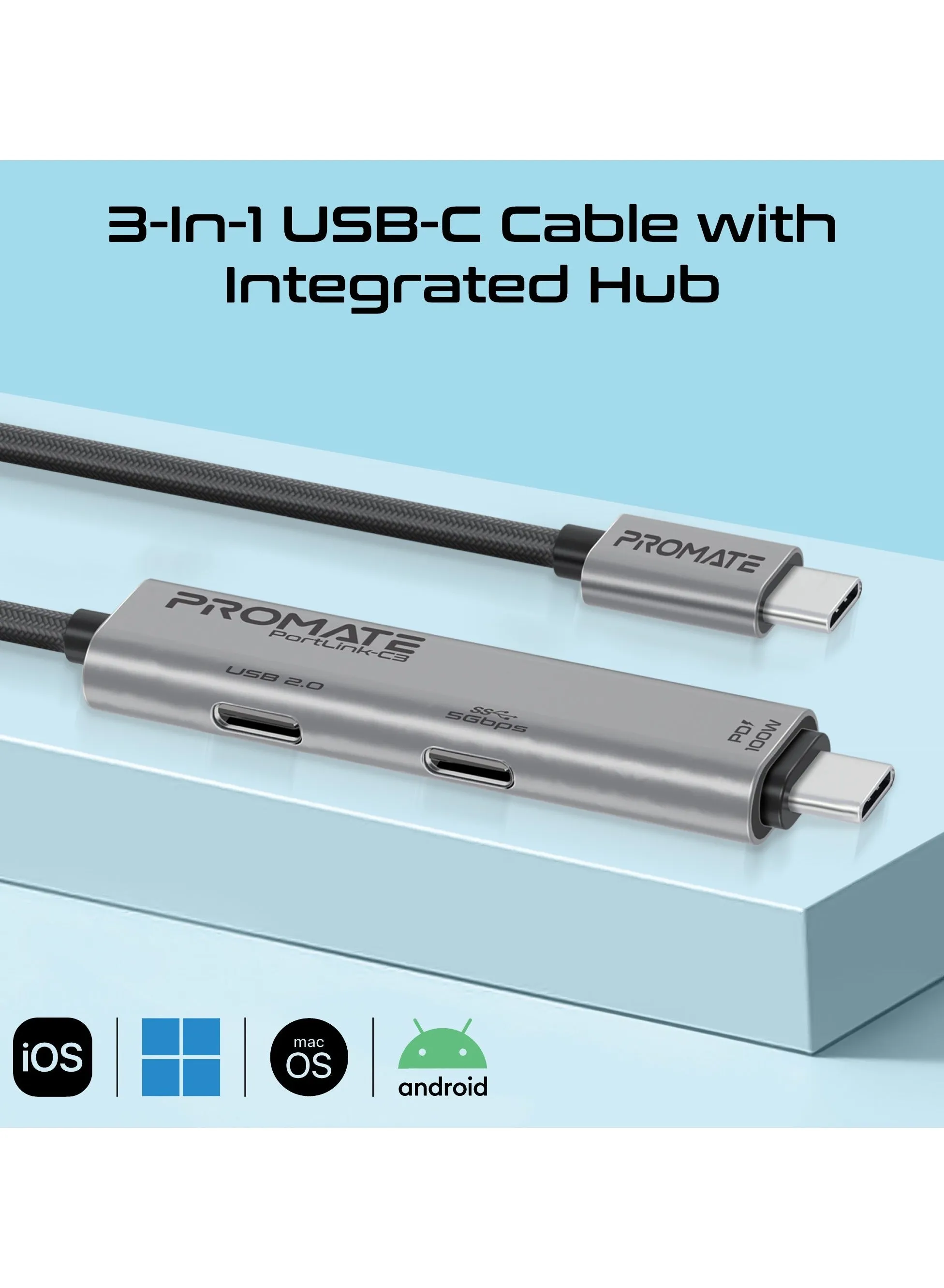 3-in-1 USB-C Cable with USB-C Connector 100W Charging Capacity with Fast Data Transfer and Efficient Charging, Dual USB-C Ports Offer 5Gbps Data Transfer and 480Mbps Speed Black-2