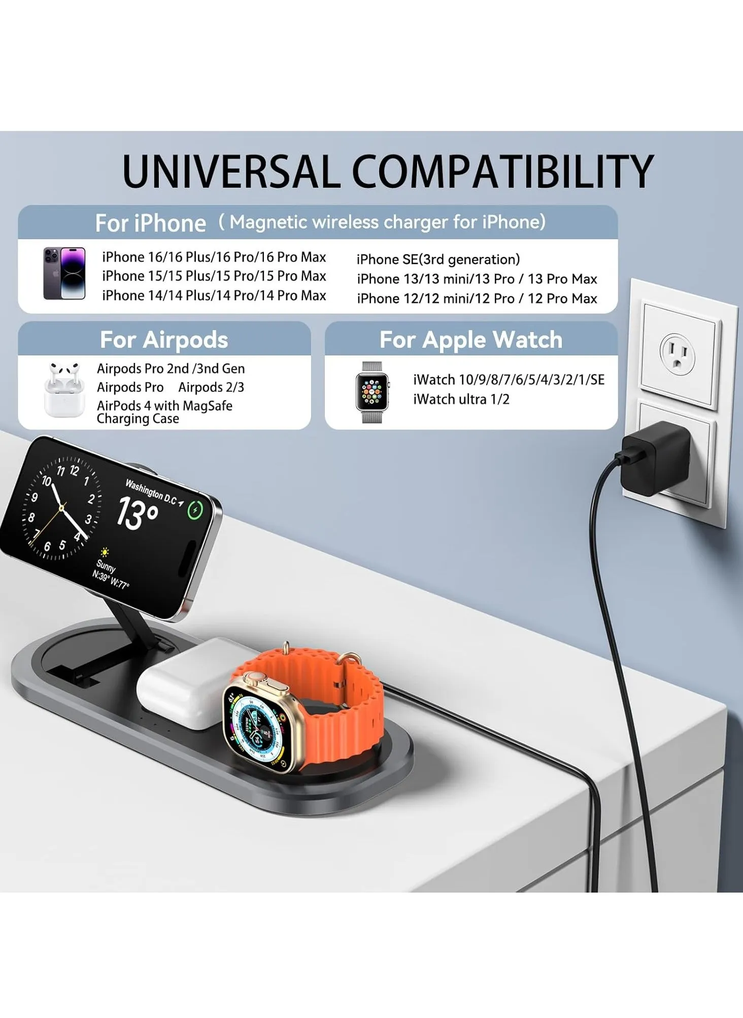 3 in 1 Wireless Charger for iPhone, Foldable Charging Station for Magsafe for iPhone 16/15/14/13/12/Pro Max/Pro/Mini/Plus, Apple Watch 10/9/8/7/SE/6/5/4/3/2/1/Ultra2/Ultra, AirPods pro/2/3/4 (Black)-2