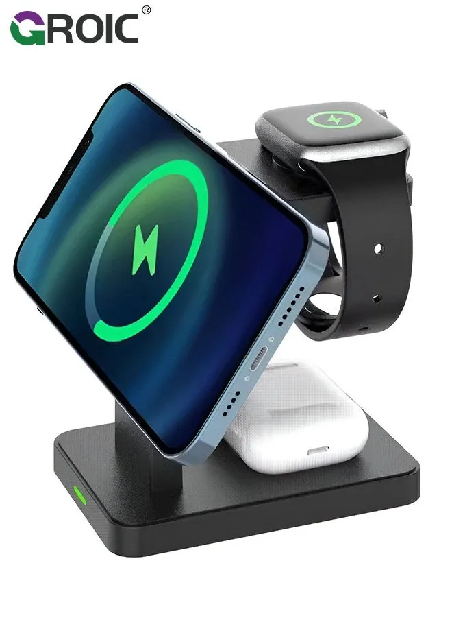 3 in 1 Wireless iPhone Charging Station,MagSafe Charger Stand,Travel Charger for Multiple Devices for iphone15/14/13/12/Pro/Pro Max/Mini,A pple Watch Ultra/SE/9/8/7/6/5/4/3/2,Air Pods-1