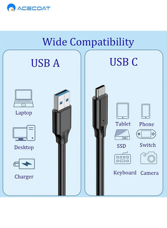 كيبل USB A الى USB C 3.1/3.2 الجيل الثاني لنقل البيانات بسرعة 10Gbps مع شحن سريع 60 واط كيو سي 3.0، كيبل احتياطي لسامسونج T7، سانديسك اكستريم محمول SSD كروشال X8، دبليو دي والمزيد - 100 سم-2