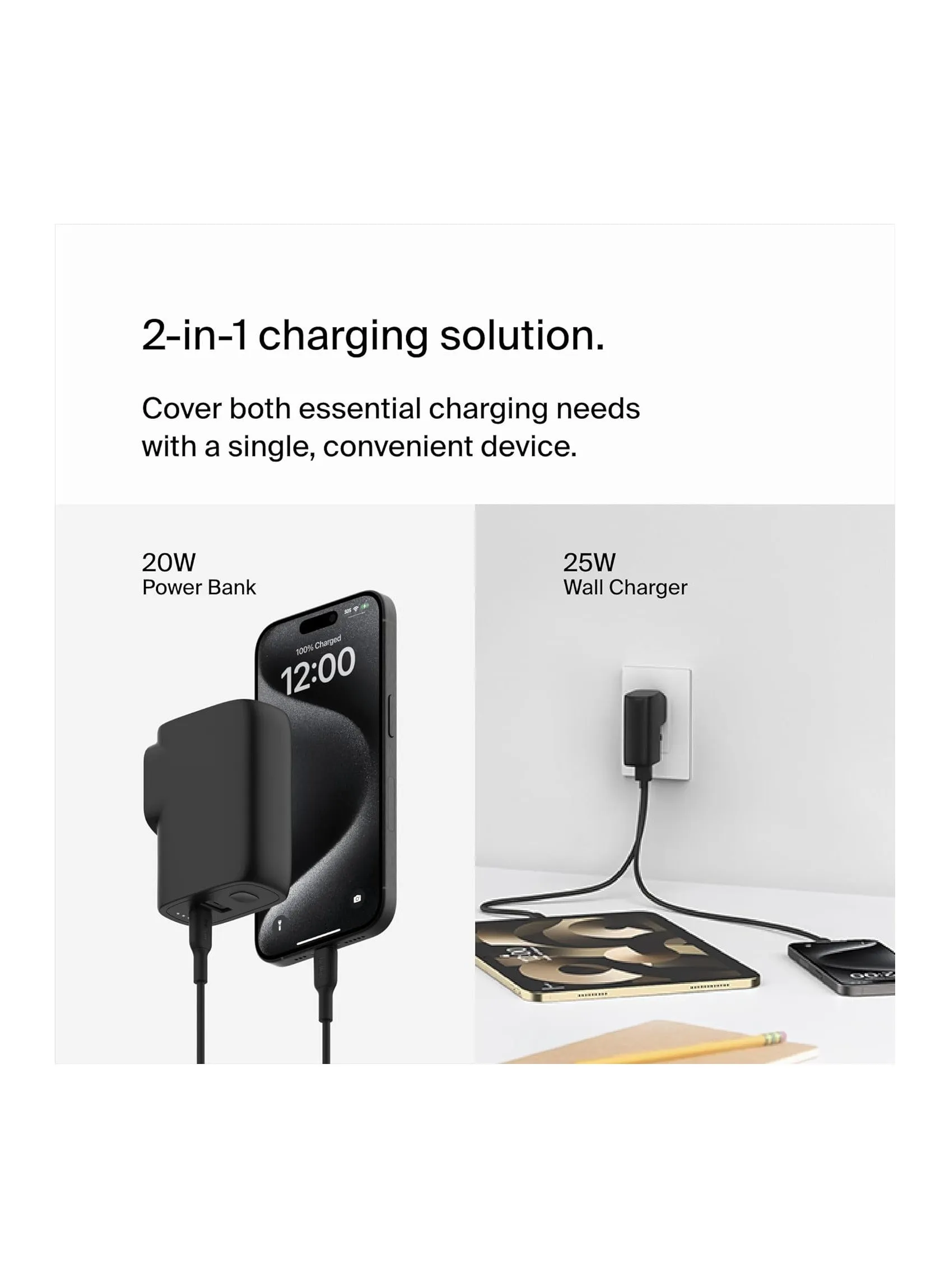 شاحن حائط BoostCharge Hybrid بقوة 25 وات + باور بانك 5000 مللي أمبير في الساعة، شاحن محمول 2 في 1 مع منفذ USB-C PD3.0 ومنفذ USB-A، حزمة بطارية مزدوجة المنافذ، شاحن USB-C، قابس USB + USB-C إلى USB -كابل سي-2