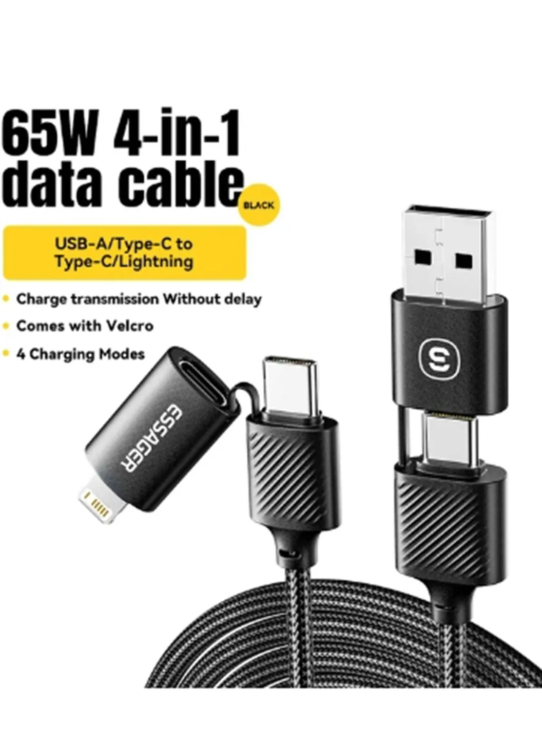 كابل شحن 4 في 1، USB A/Type C إلى Type C/Lighting، 65 وات شحن سريع ونقل بيانات لهاتف iPhone والكمبيوتر المحمول والهاتف المحمول iPad 1 متر أسود-1