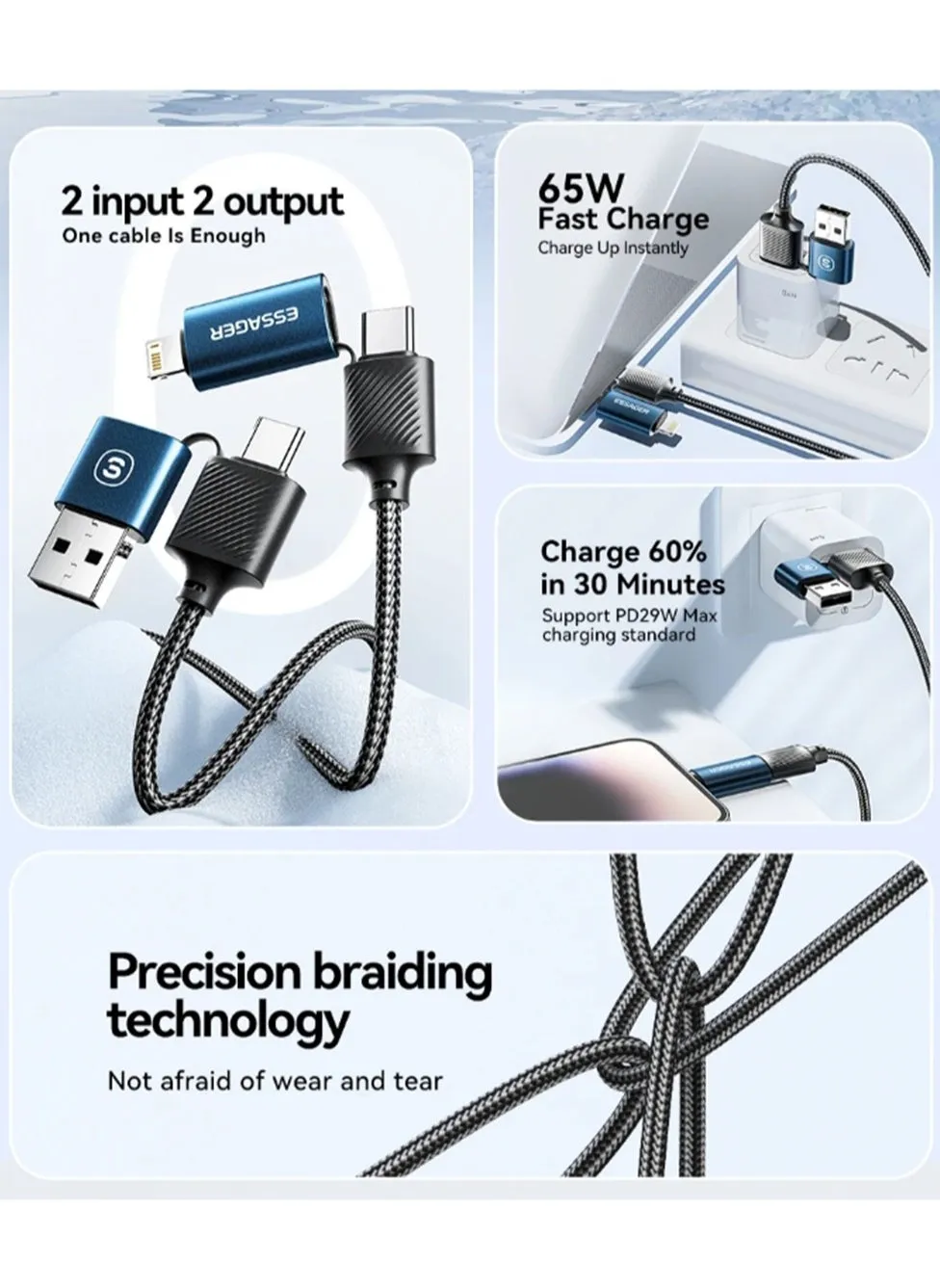 كابل شحن 4 في 1، USB A/Type C إلى Type C/Lighting، 65 وات شحن سريع ونقل بيانات لهاتف iPhone والكمبيوتر المحمول والهاتف المحمول iPad 1 متر أسود-2