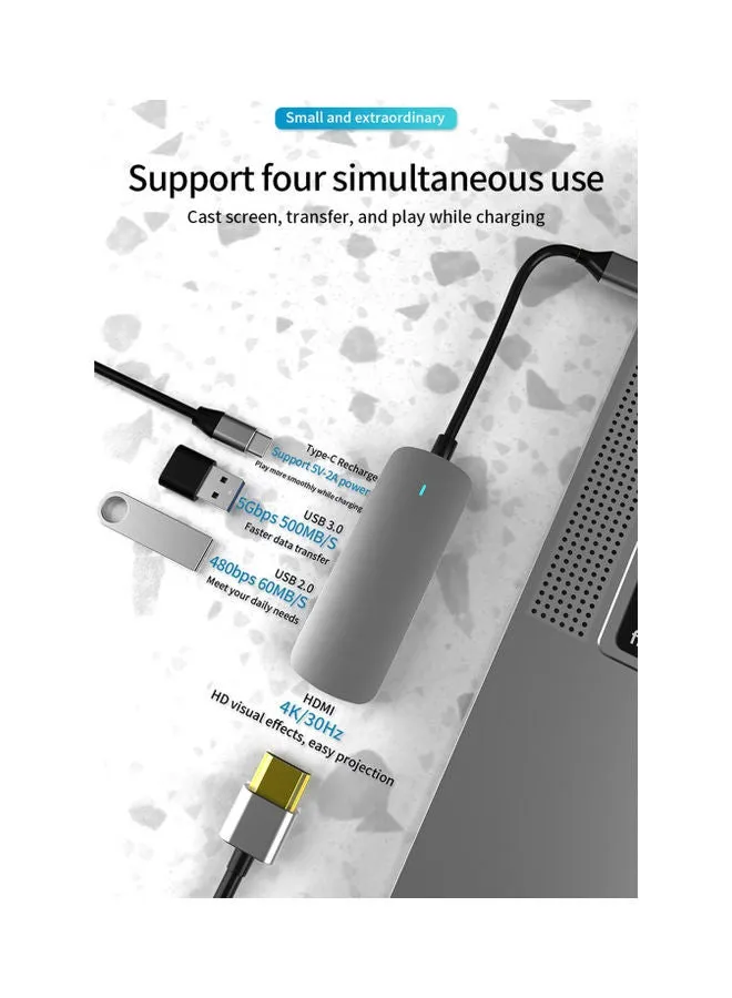 موزع 4 في 1 متعدد المنافذ بمنفذ USB 3.0 Type-C رمادي-2
