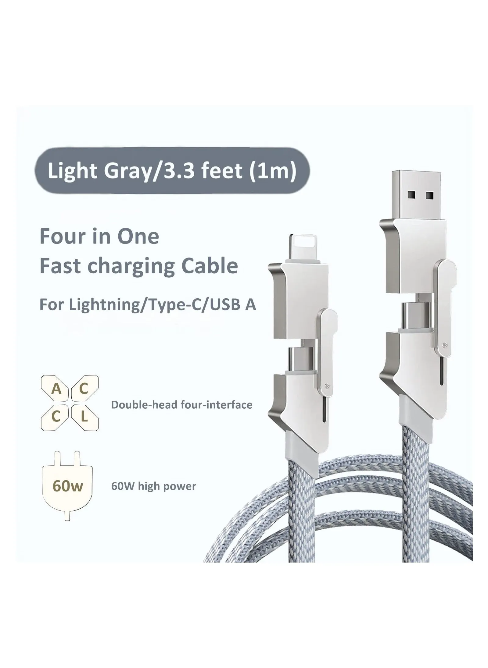 4 in 1 USB C Charging Cable, 60W Fast Charging & Data Sync, Flat Braided Anti-Tangle Charger Cord, Multi Charging Cable, with Lightning/Type C/USB A Ports (3.3ft),  USB C Fast Charging Cable-2