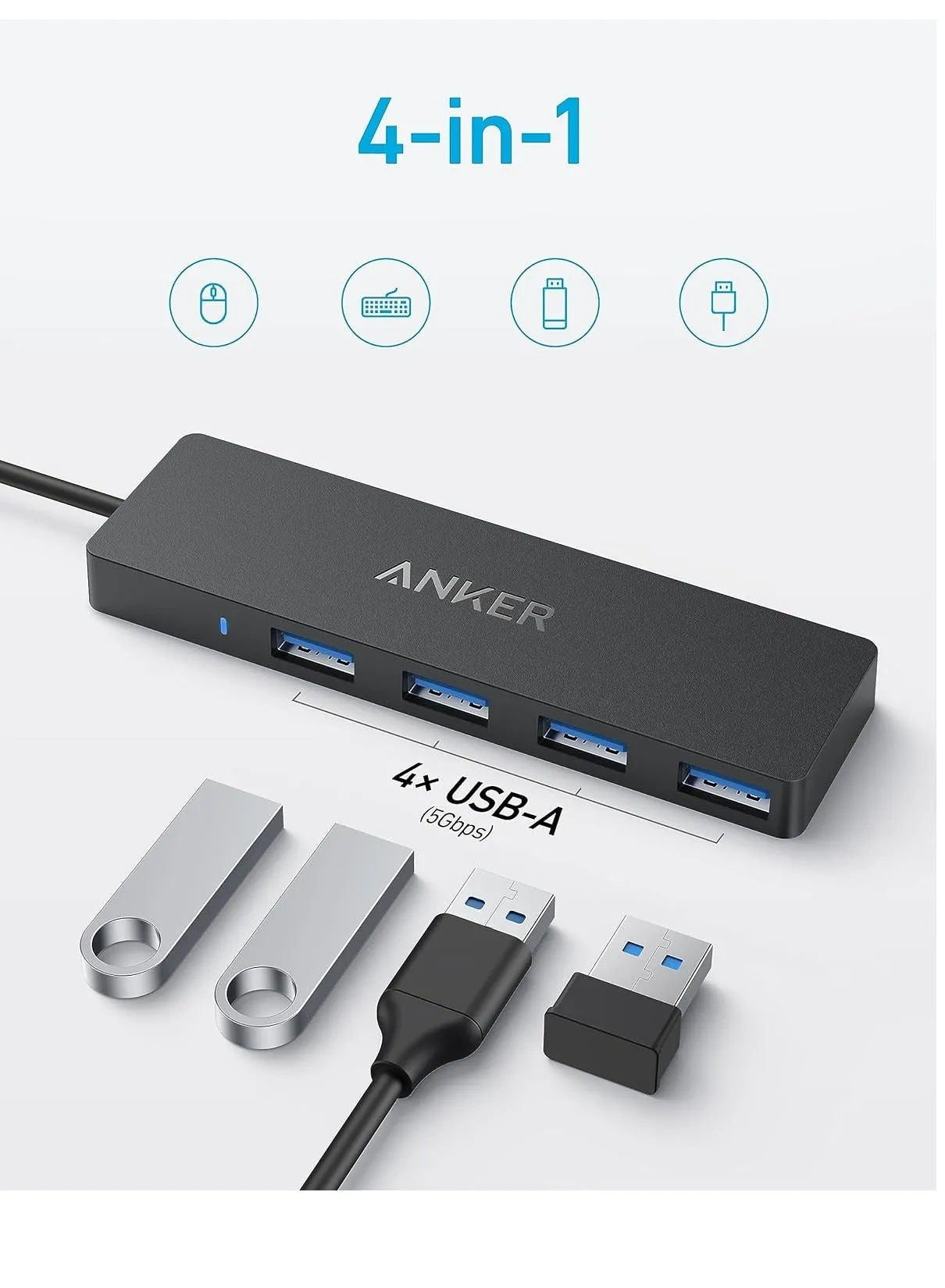 4-Port USB 3.0 Data Hub, Ultra-Slim 5Gbps USB-C OTG Hub With 20cm Extended Cable, For MacBook, Mac Pro, Mac Mini, iMac, Surface Pro, XPS, PC, Flash Drive, Mobile HDD (Charging Not Supported) Black-2