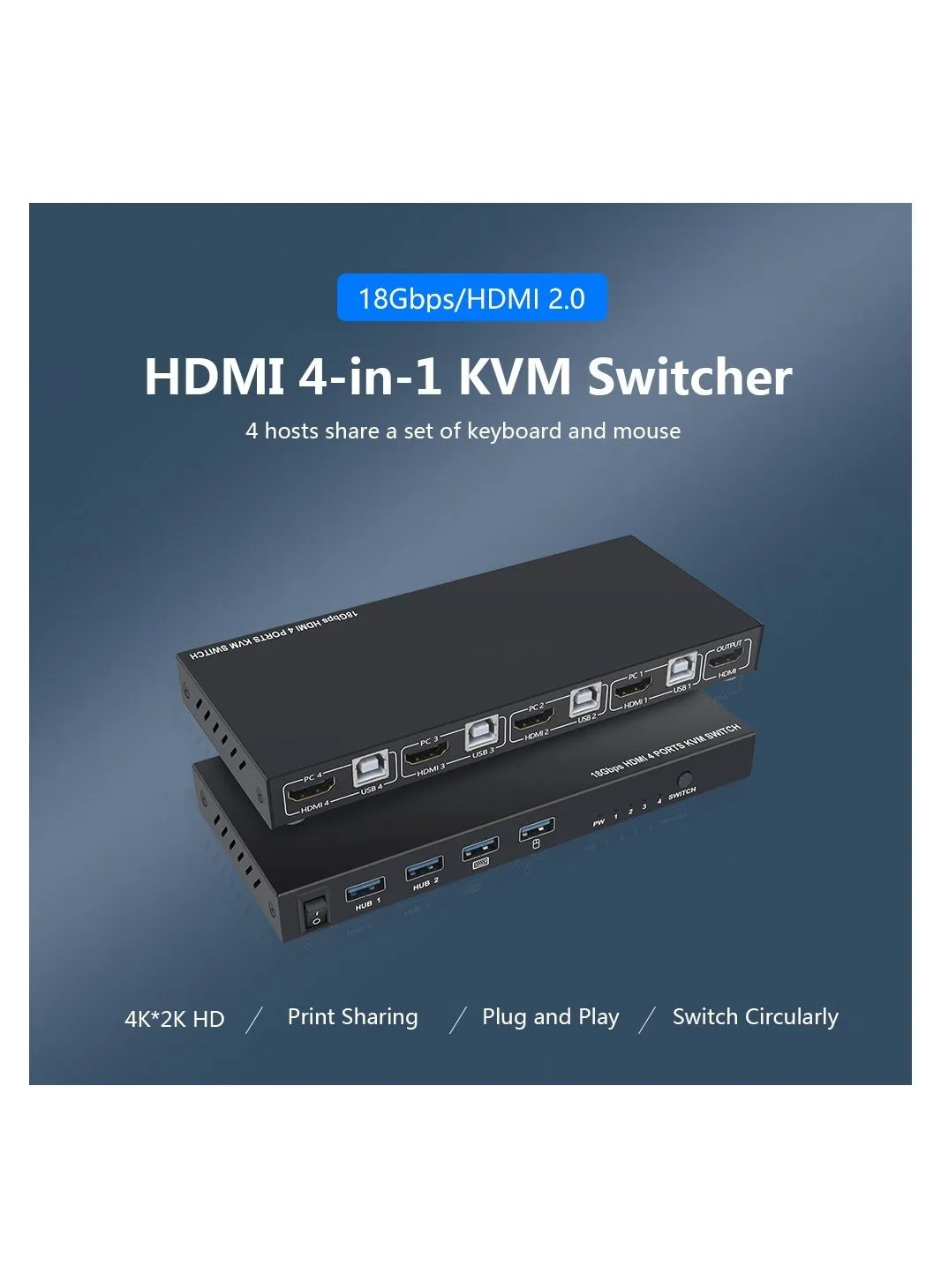 4 Ports KVM Switcher HDMI2.0 4-in-1 KVM Switcher 4K HD Image Quality Keyboard Mouse USB Synchronization Controller Black-2