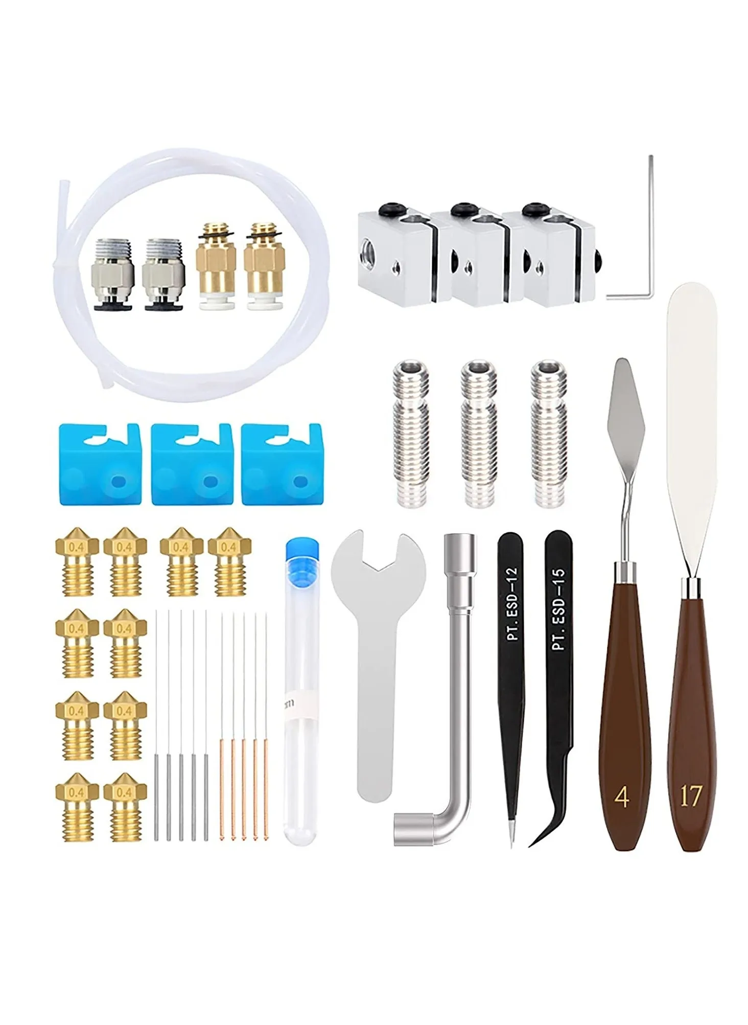 41 Piece 3D Printer Tool Set with E3D Brass Nozzles, Cleaning Needles, Tweezers, Heater Block, Teflon Tube for Ender 3 and 5-1