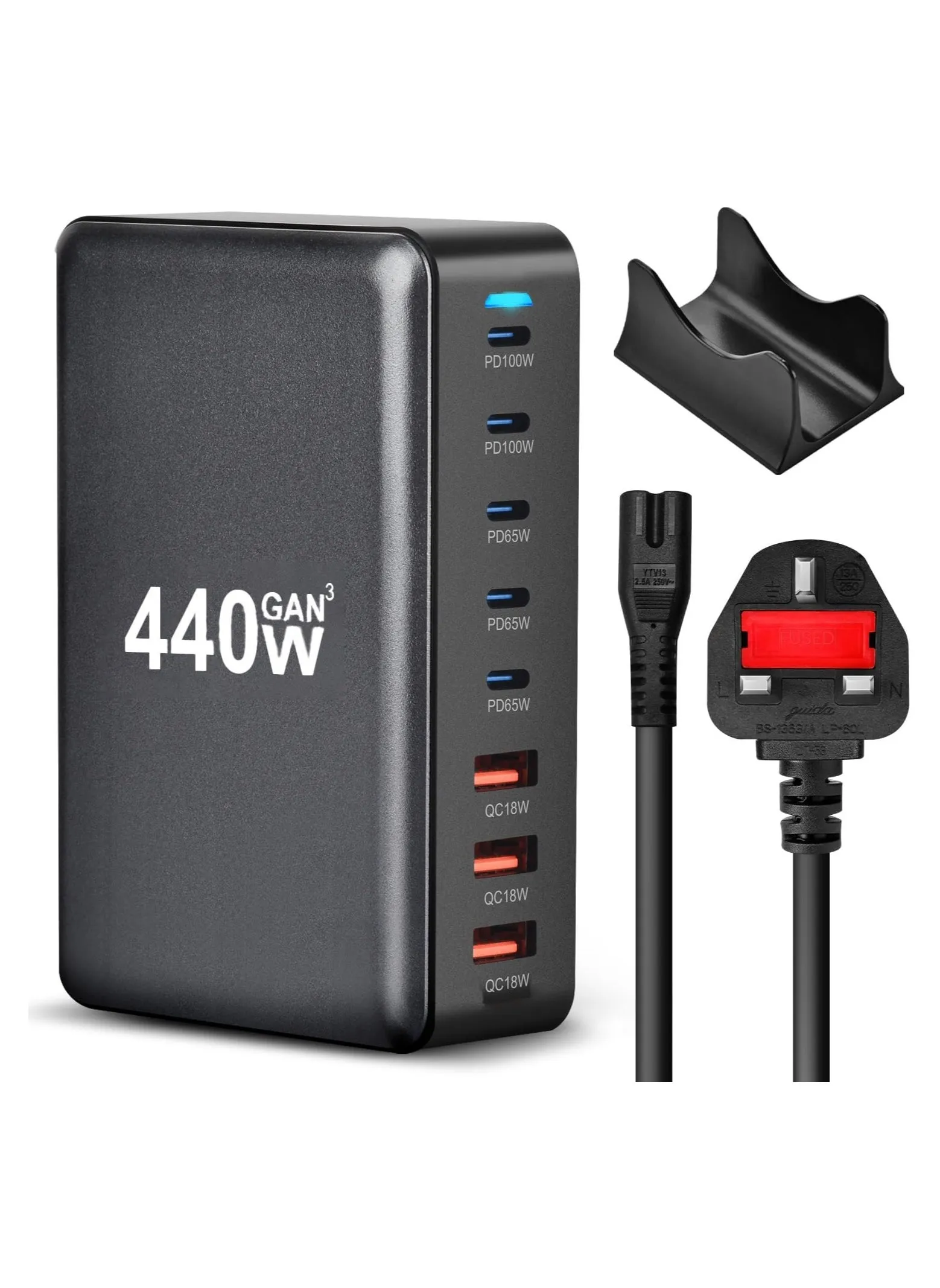 شاحن USB A&USB C بقوة 440 وات، 8 منافذ، محطة شحن سطح المكتب متعددة المنافذ، محول طاقة لشاحن الكمبيوتر المحمول، قابس حائط سريع الشحن مع سلك طاقة بطول 1.5 متر، أسود-1