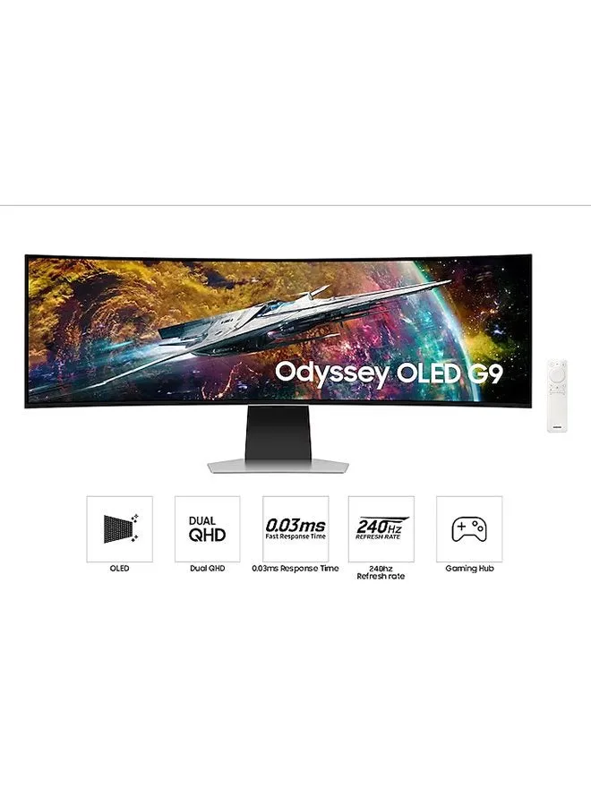 شاشة ألعاب Odyssey OLED UltraWide 49 بوصة 240 هرتز 0.03 مللي ثانية، مركز الألعاب، Tizen، 1800R، FreeSync Premium Pro، Adaptive-Sync، الوصول عن بعد، Bixby، Game Bar 2.0، Adaptive Sound Pro (5W x 2ch)، G9 G95SC-2