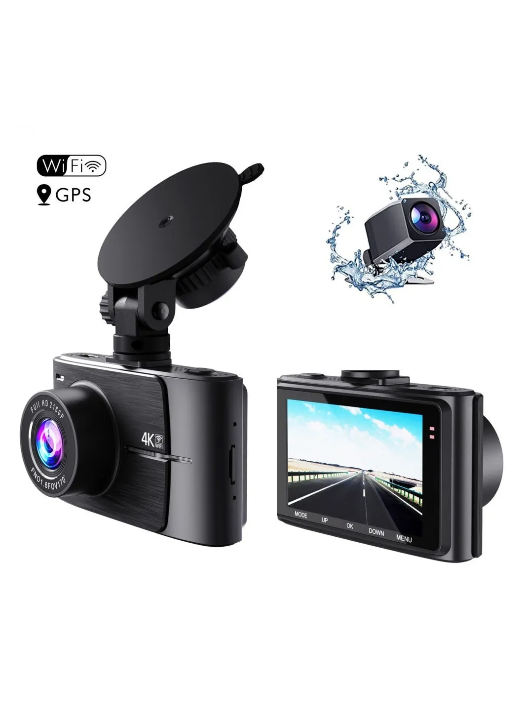 4K Dash Cam 2160P المدمج في GPS / WiFi كاميرا مزدوجة داش للسيارة ، 24H وقوف السيارات محرك السيارة ومسجل فيديو مسجل السيارة عدسة مزدوجة-1