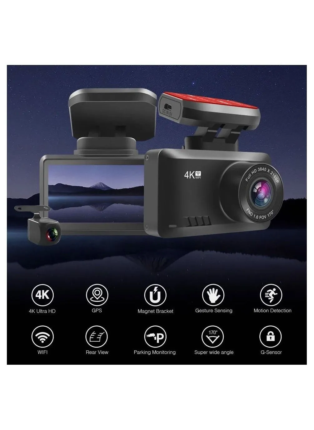 4K Dash Cam 3840x2160P Built-in GPS/WiFi Dual Dash Cam for Car Dash Cam Front and Rear with Sony Sensor, 170° FOV, WDR, Night Vision, Parking Monitor-2