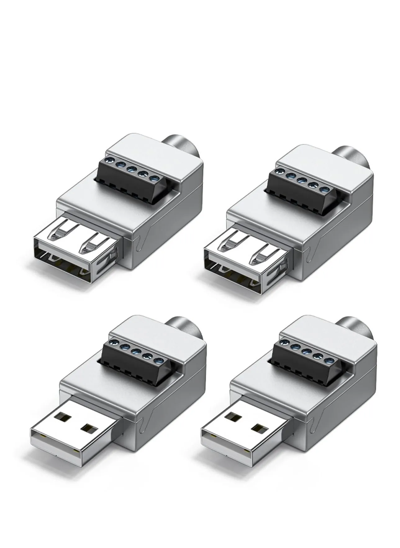 4 قطع USB 2.0 نوع A ذكر/أنثى إلى 5 دبابيس موصل كتلة طرفية لولبية، محول موصل نوع قابل للتوصيل محمول 5 فولت 2 أمبير، واجهة مطلية بالنيكل، مضادة للاحتكاك، مقاومة قوية للأكسدة-1