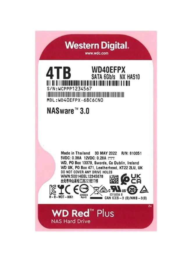 قرص صلب RED PLUS سعة 4 تيرابايت بسعة 256 ميجابايت SATA 6 جيجابايت/ثانية -WD40EFPX-2