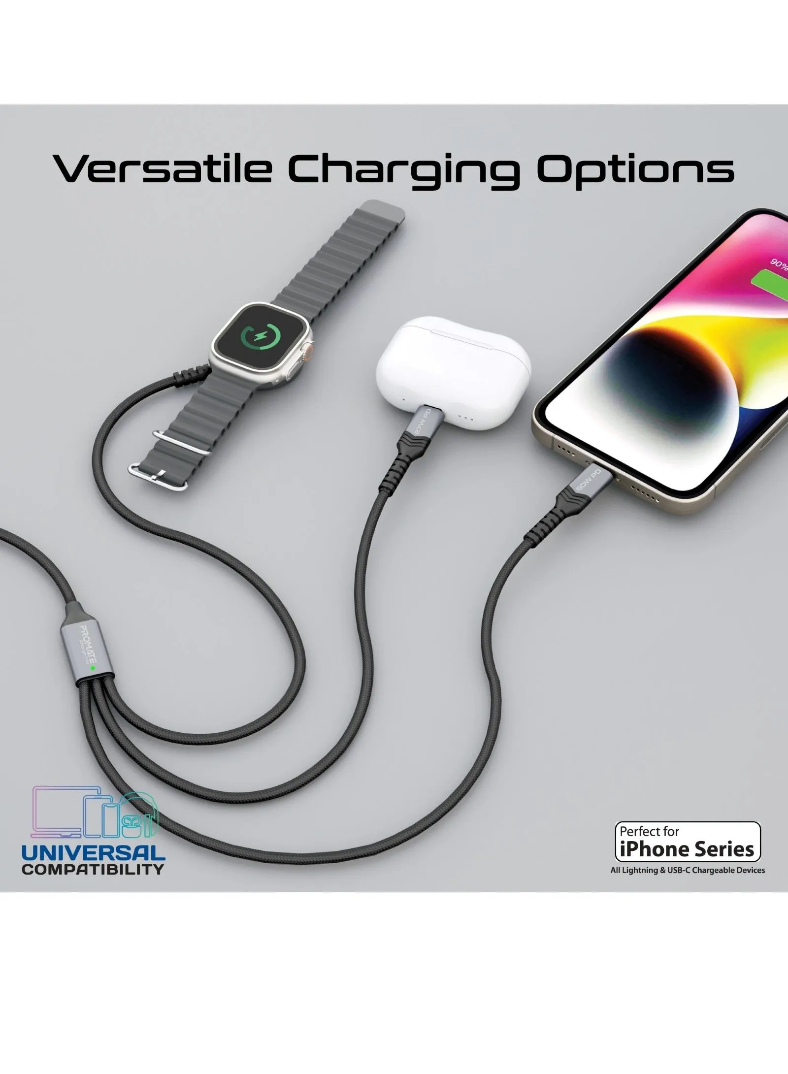 كابل شحن متعدد 5 في 1 مع موصل Lightning فائق السرعة 60 وات USB-C إلى USB-C 27 وات وشاحن ساعة Apple، نقل بيانات بسرعة 480 ميجا بت في الثانية، نسيج متين مضفر باللون الأسود-2