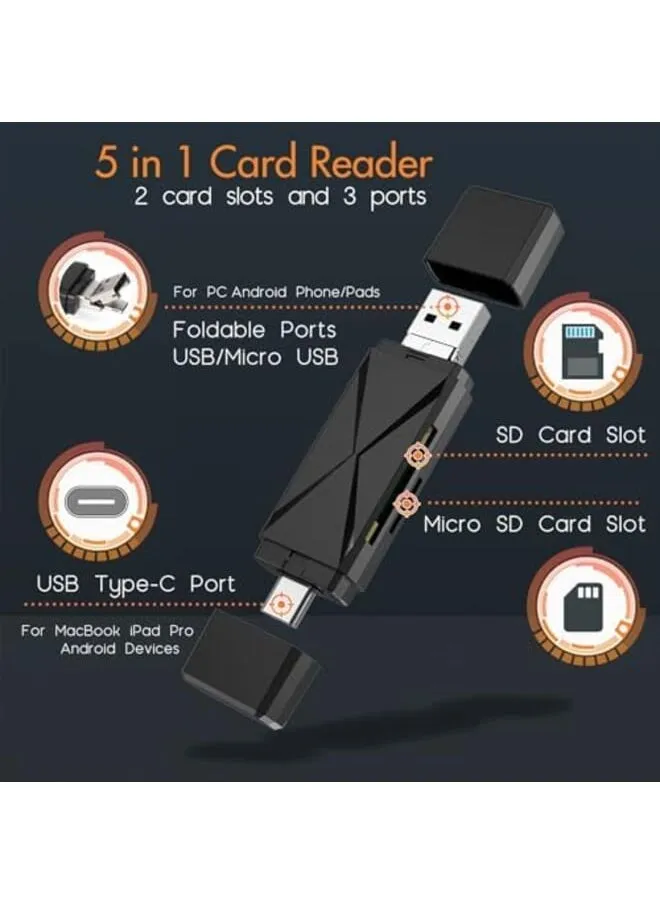 قارئ بطاقات Sd 5 في 1 لأجهزة Android Usb C وUsb 2.0 بطاقة Micro Sd إلى محول USB قارئ بطاقات الذاكرة المحمولة لمنصات هاتف الكمبيوتر، أسود، 2 حزمة-2