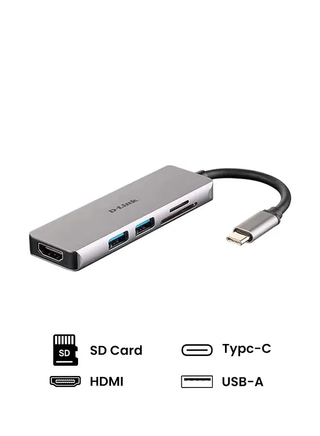 موزع منافذ USB-C‏ بتصميم 5 في 1 مع منفذ HDMI وقارئ بطاقات مايكرو SD طراز DUB-M530 رمادي-1