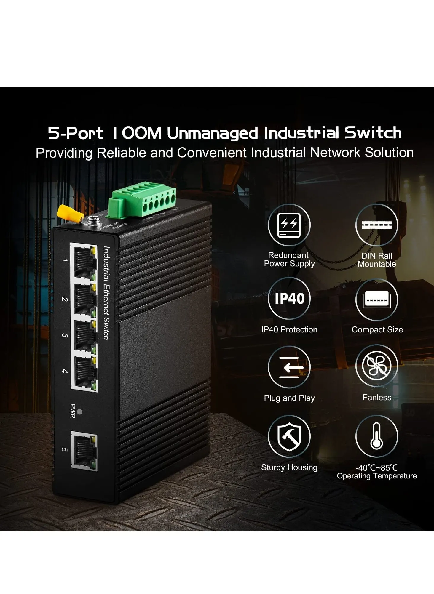 5 Port Gigabit Din Rail Industrial Ethernet Switch, Mini Industrial 5 Ports Gigabit Switch, Hardened 5 Port RJ45 10/100/1000Mbps Ethernet Switch, Fanless Wall Mount-2