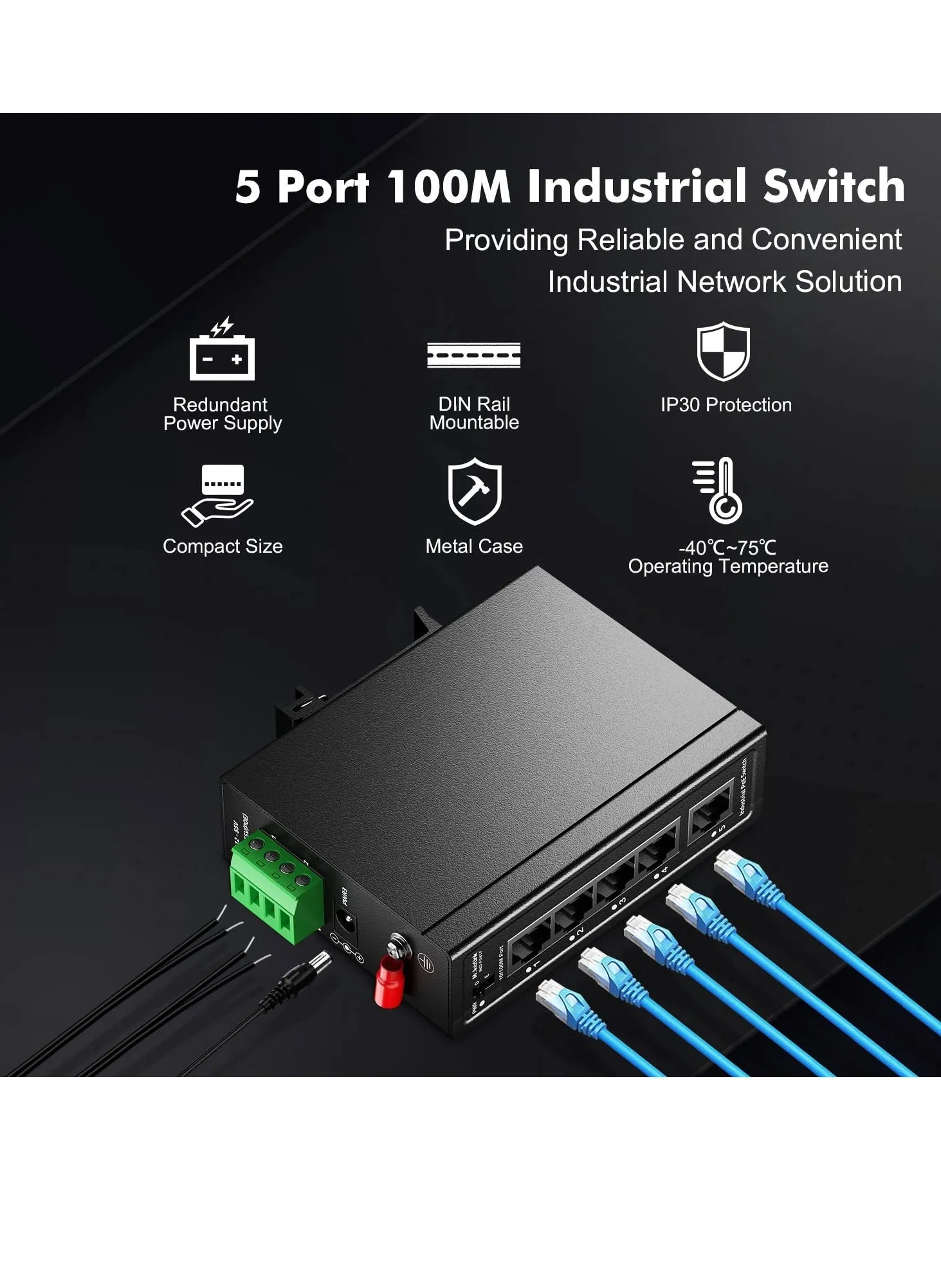 مفتاح صناعي 5 منافذ، مفتاح صناعي 5 منافذ، 4 منافذ و 1 اتصال صاعد، Ethernet سريع 10/100Mbps، يتضمن تركيب على سكة DIN وجدار، لكاميرات IP، هواتف VoIP، نقاط الوصول اللاسلكية - IEEE802.3af/at-2