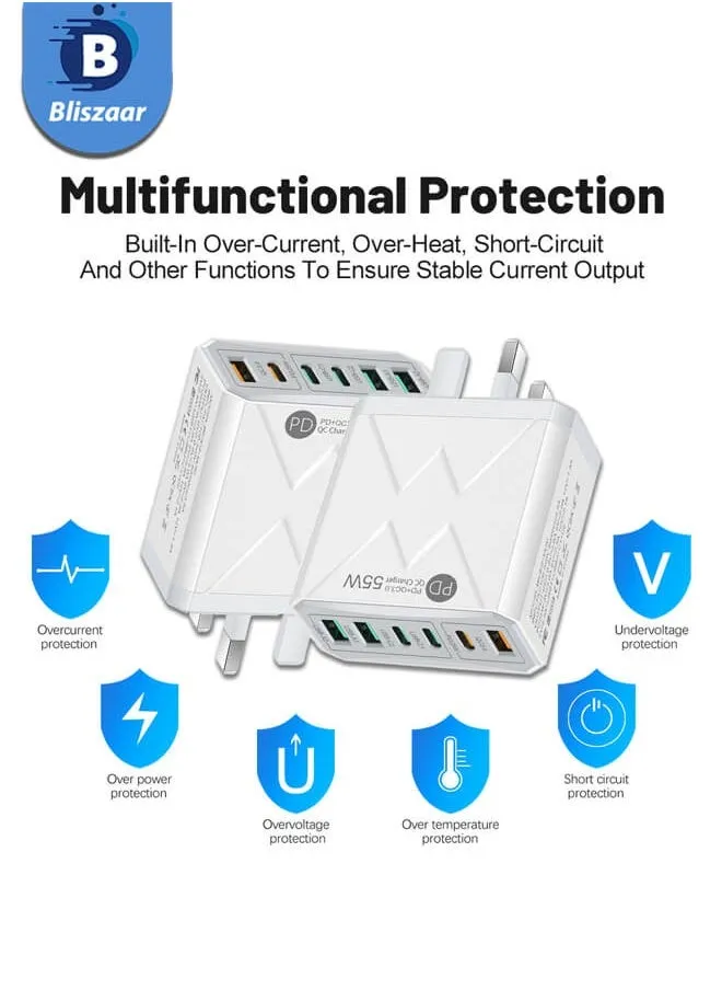 شاحن الهاتف بتقنية PD السريعة بقوة 55 واط 6 منافذ شاحن USB C محول شاحن الهاتف محمول USB Type-C شاحن USB. اللون: أبيض-2