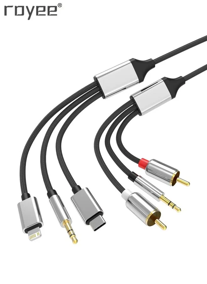 سلك Aux 6 في 1، RCA إلى 3.5 مم، كابل Lightning/USB C إلى RCA محول صوت Aux، 3.5 مم ذكر إلى ذكر، مقسم ستيريو 3.5 لنماذج iPhone وType C لمضخم الطاقة، السيارة، المسرح المنزلي، مكبر الصوت-1