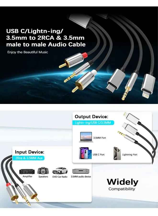 سلك Aux 6 في 1، RCA إلى 3.5 مم، كابل Lightning/USB C إلى RCA محول صوت Aux، 3.5 مم ذكر إلى ذكر، مقسم ستيريو 3.5 لنماذج iPhone وType C لمضخم الطاقة، السيارة، المسرح المنزلي، مكبر الصوت-2