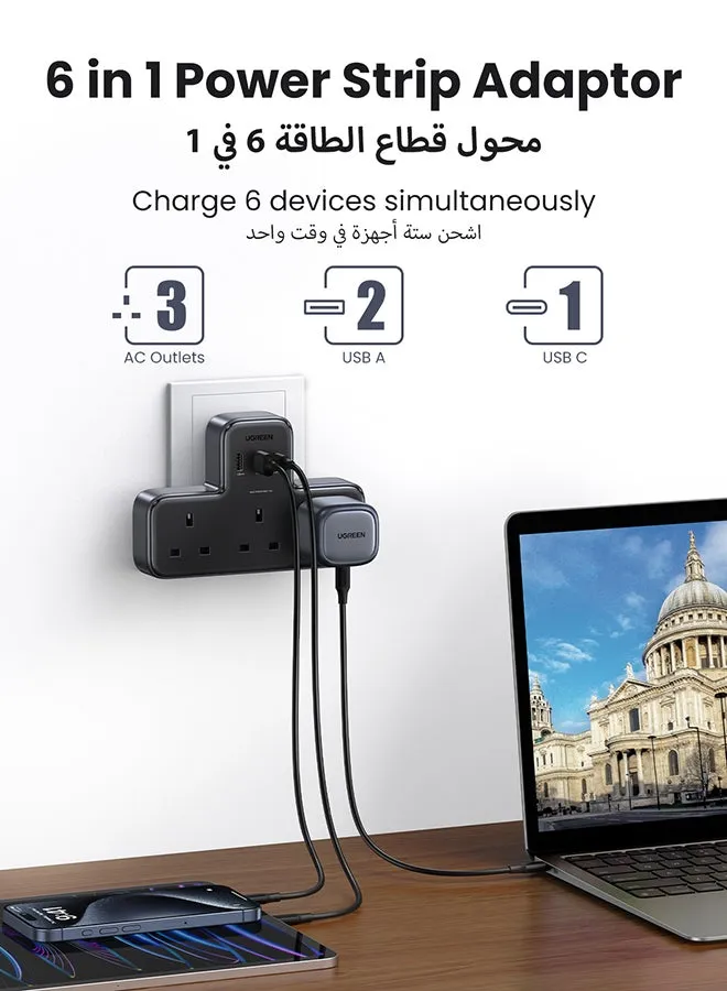 6 في 1 قطاع الطاقة حامي زيادة التيار، قابس تمديد متعدد 3 مقابس تيار متردد، شاحن USB C سريع 3 منافذ USB، محطة شحن USB موسع ثلاثية المملكة المتحدة للمطبخ، ملحقات المكتب المنزلي باللون الأسود-2