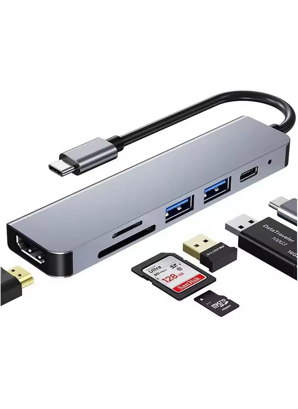 موزع USB C 6 في 1 مع شحن PD 100 وات، محول من النوع C إلى HDMI 4K 30 هرتز، منافذ نقل بيانات USB Hub 3.0 بسرعة 5 جيجابت في الثانية، متوافق مع MacBook Pro/ iPad Pro/Air، HP، Dell، ASUS، Lenovo، إلخ-1