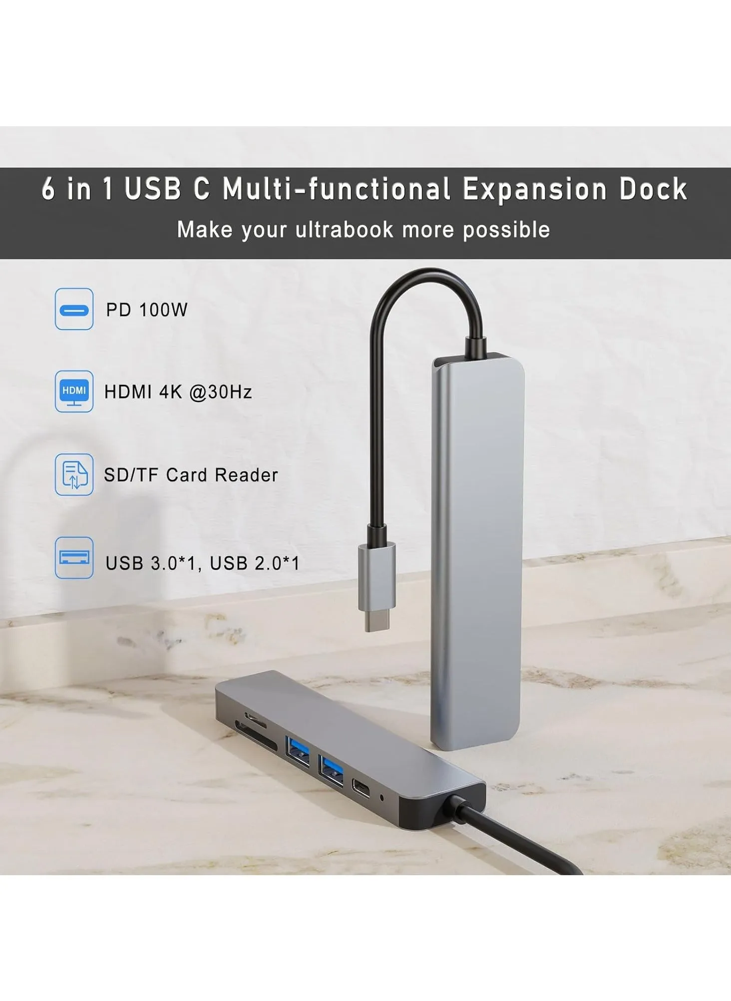 موزع USB C 6 في 1 مع شحن PD 100 وات، محول من النوع C إلى HDMI 4K 30 هرتز، منافذ نقل بيانات USB Hub 3.0 بسرعة 5 جيجابت في الثانية، متوافق مع MacBook Pro/ iPad Pro/Air، HP، Dell، ASUS، Lenovo، إلخ-2