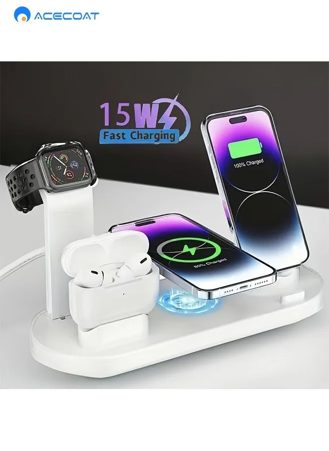 6 in 1 Wireless Charging Station, 360° Rotatable Charging Dock for Apple/Micro/Type C Phones/Airpods, 15W Qi Wireless Fast Charge for iPhone 8/9/10/11 Series/12 Series/Samsung, Stand for iWatch-2