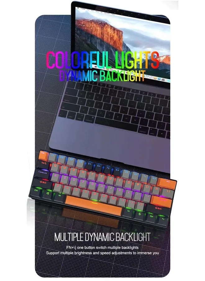 لوحة مفاتيح للألعاب ذات 61 مفتاحًا RGB مقاومة للماء بنسبة 60% سلكية صغيرة مع لوحة مفاتيح مضادة للظلال وأغطية مفاتيح ثلاثية الألوان مع مفتاح أحمر للاعبين (رمادي داكن وأسود وبرتقالي)-2