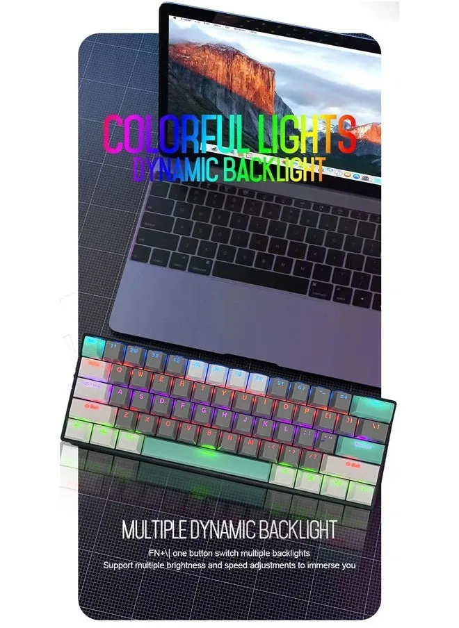 لوحة مفاتيح للألعاب ذات 61 مفتاحًا RGB مقاومة للماء بنسبة 60% سلكية صغيرة مع لوحة مفاتيح مضادة للظلال وأغطية مفاتيح ثلاثية الألوان مع مفتاح أحمر للاعبين (رمادي داكن وأبيض وأخضر تيفاني)-2