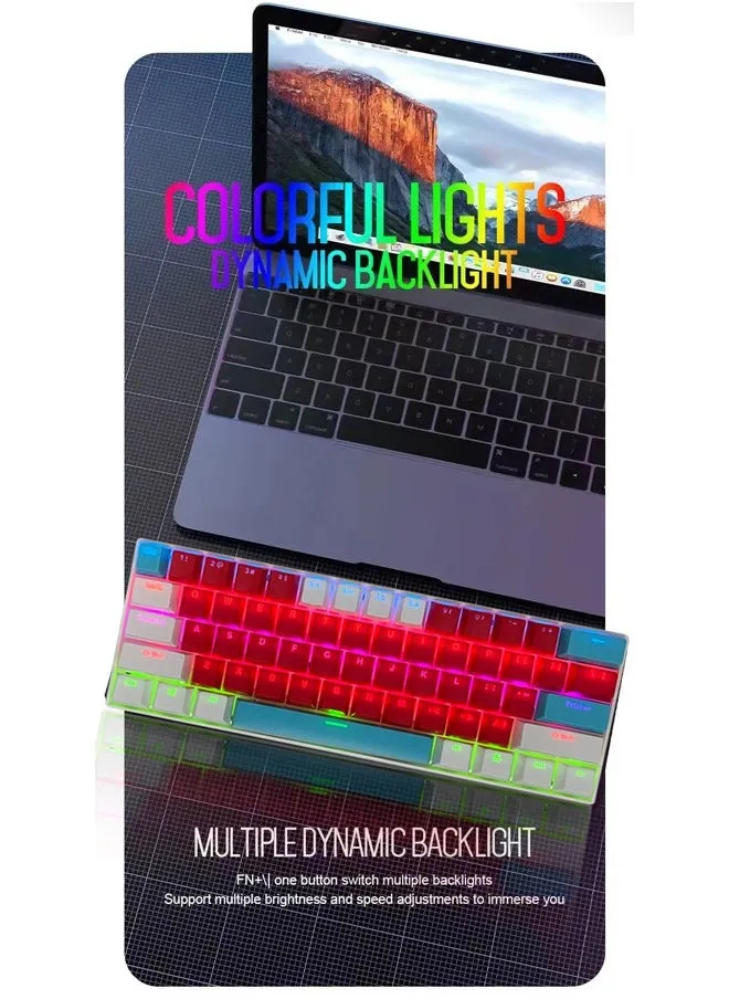 لوحة مفاتيح للألعاب ذات 61 مفتاحًا RGB مقاومة للماء بنسبة 60% سلكية صغيرة مع لوحة مفاتيح مضادة للظلال وأغطية مفاتيح ثلاثية الألوان مع مفتاح أحمر للاعبين (الأحمر والأبيض والأزرق تيفاني)-2