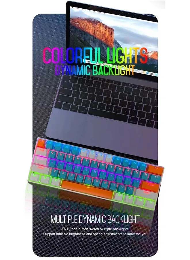 لوحة مفاتيح للألعاب ذات 61 مفتاحًا RGB مقاومة للماء بنسبة 60% سلكية صغيرة مع لوحة مفاتيح مضادة للظلال وأغطية مفاتيح ثلاثية الألوان مع مفتاح أحمر للاعبين (أزرق تيفاني وأبيض وبرتقالي)-2