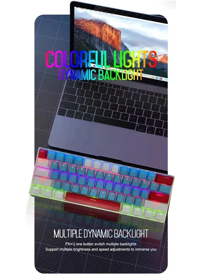 لوحة مفاتيح للألعاب ذات 61 مفتاحًا RGB مقاومة للماء بنسبة 60% سلكية صغيرة مع لوحة مفاتيح مضادة للظلال وأغطية مفاتيح ثلاثية الألوان مع مفتاح أحمر للاعبين (أزرق تيفاني وأبيض وأحمر)-2