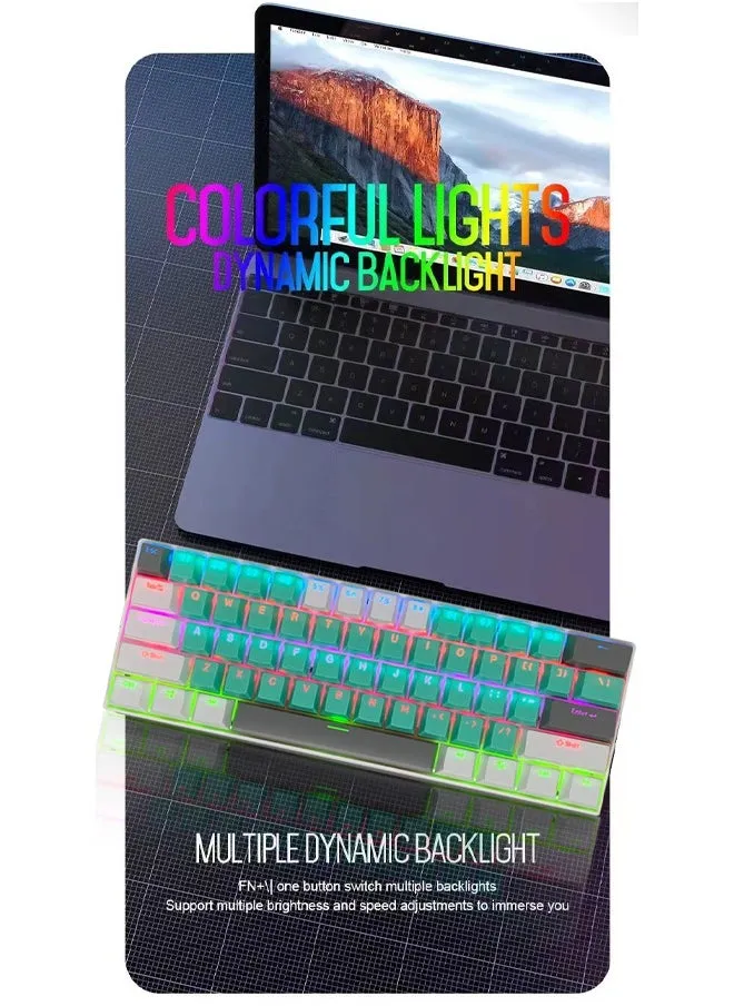 لوحة مفاتيح للألعاب ذات 61 مفتاحًا RGB مقاومة للماء بنسبة 60% سلكية صغيرة مع لوحة مفاتيح مضادة للظلال وأغطية مفاتيح ثلاثية الألوان مع مفتاح أحمر للاعبين (أخضر تيفاني وأبيض ورمادي داكن)-2