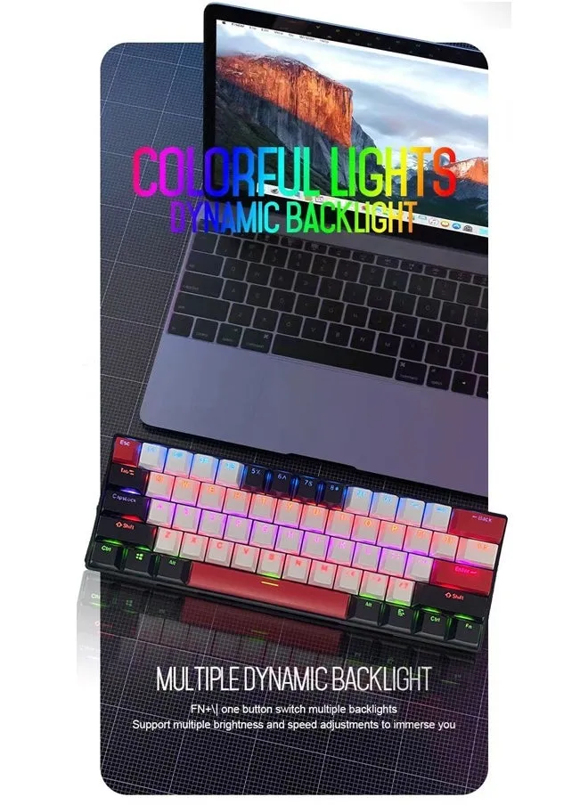 لوحة مفاتيح للألعاب ذات 61 مفتاحًا RGB سلكية صغيرة مقاومة للماء بنسبة 60% مع لوحة مفاتيح مضادة للظلال وأغطية مفاتيح ثلاثية الألوان مع مفتاح أحمر للاعبين (أبيض وأسود وأحمر)-2