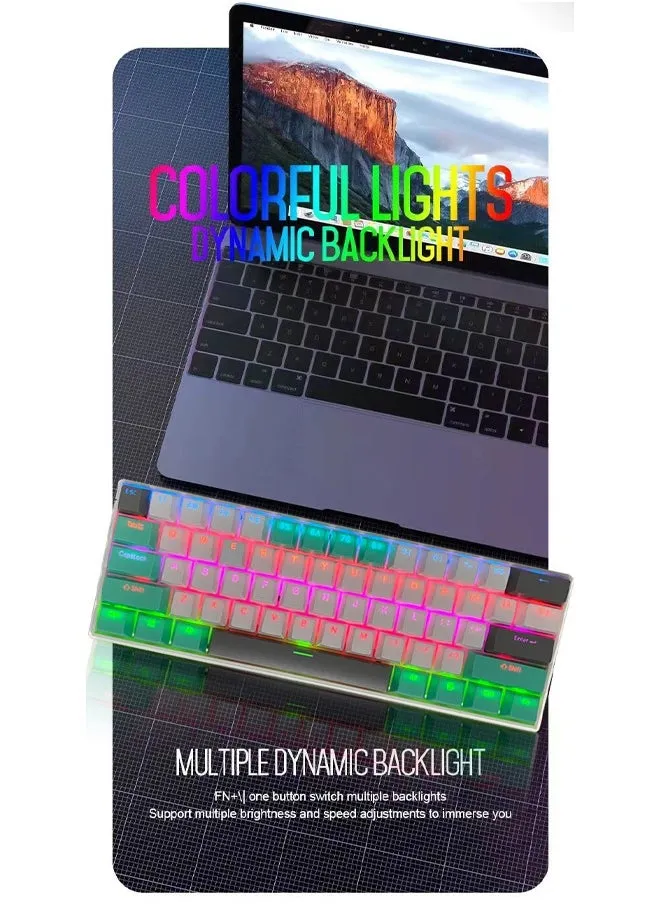 لوحة مفاتيح للألعاب ذات 61 مفتاحًا RGB مقاومة للماء بنسبة 60% سلكية صغيرة مع لوحة مفاتيح مضادة للظلال وأغطية مفاتيح ثلاثية الألوان مع مفتاح أحمر للاعبين (أبيض وأخضر تيفاني ورمادي داكن)-2