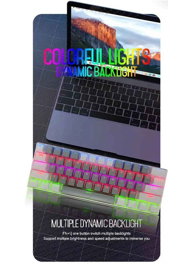 لوحة مفاتيح للألعاب ذات 61 مفتاحًا RGB سلكية صغيرة مقاومة للماء بنسبة 60% مع لوحة مفاتيح مضادة للظلال وأغطية مفاتيح بلونين مع مفتاح أحمر للاعبين (رمادي فاتح وأبيض)-2