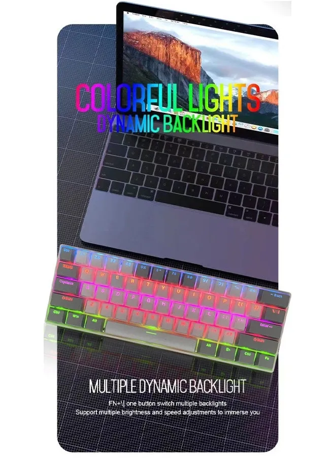 لوحة مفاتيح للألعاب ذات 61 مفتاحًا RGB سلكية صغيرة مقاومة للماء بنسبة 60% مع لوحة مفاتيح مضادة للظلال وأغطية مفاتيح بلونين مع مفتاح أحمر للاعبين (أبيض ورمادي فاتح)-2