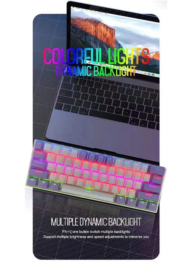 لوحة مفاتيح للألعاب ذات 61 مفتاحًا RGB مقاومة للماء بنسبة 60% سلكية صغيرة مع لوحة مفاتيح مضادة للظلال وأغطية مفاتيح بلونين مع مفتاح أحمر للاعبين (أبيض وأرجواني فاتح)-2