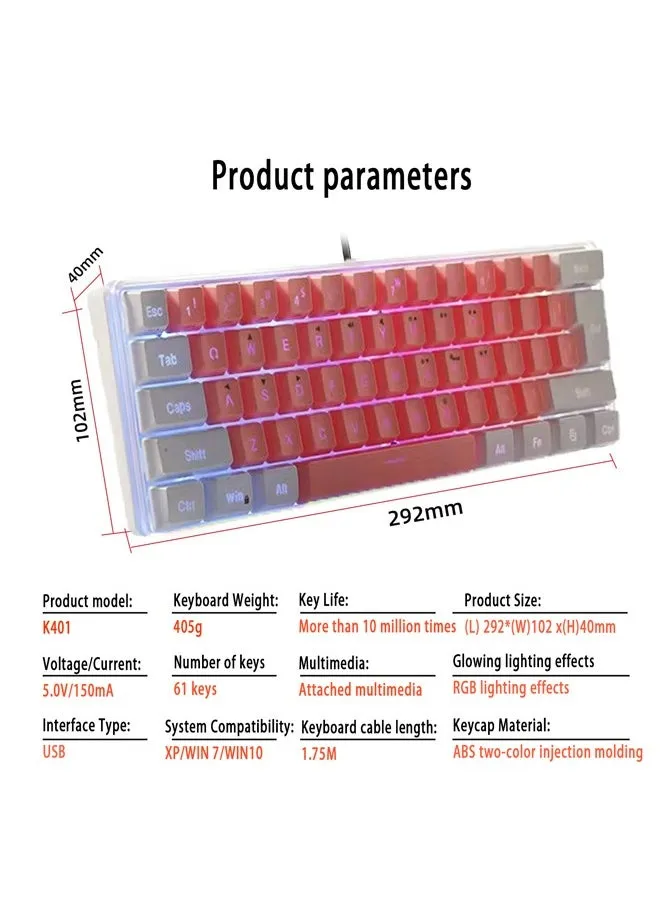 لوحة مفاتيح سلكية للألعاب ذات 61 مفتاحًا RGB مقاومة للماء وأغطية مفاتيح بلونين للاعبين (وردي وأبيض)-2