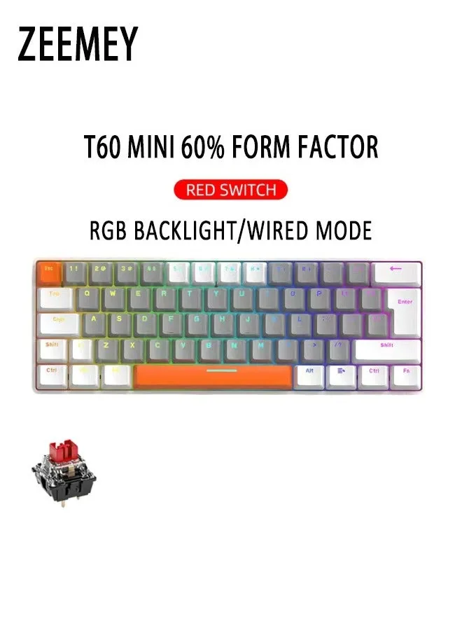 62 Keys RGB Gaming Keyboard 60% Mini Wired Waterproof With Anti-ghosting Keyboard and Three-color Keycaps With Red Switch for Gamers(Gray,white and orange)-1