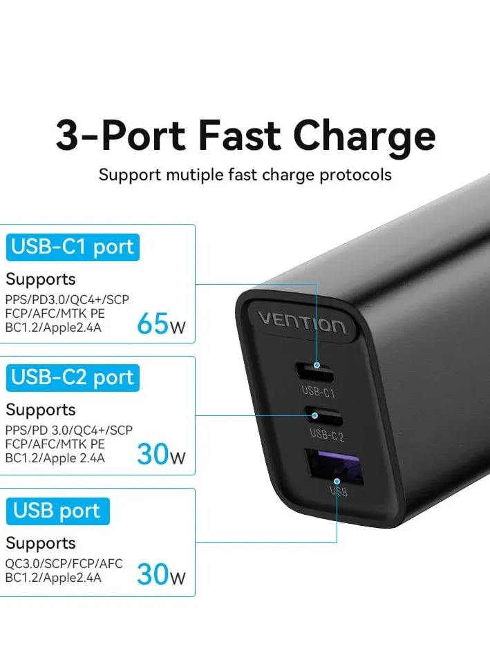 65W GaN USB C Charger 3 Ports C+C+A PPS PD Fast Charger QC 4.0 3.0 Wall Charger Power Adapter-2