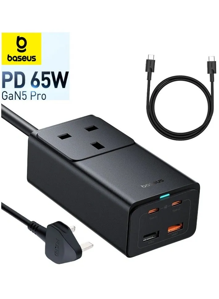 شريط طاقة شاحن حائط سريع 65 وات PD GaN5 Pro، 4 منافذ 2USB-C + 2USB سلك تمديد للشحن السريع مع كابل تيار متردد بطول 5 أقدام لسطح البخار، ماك بوك برو، آيباد، كمبيوتر محمول USB C، آيفون 15/14/13/12، سامسونج إلخ أسود-1