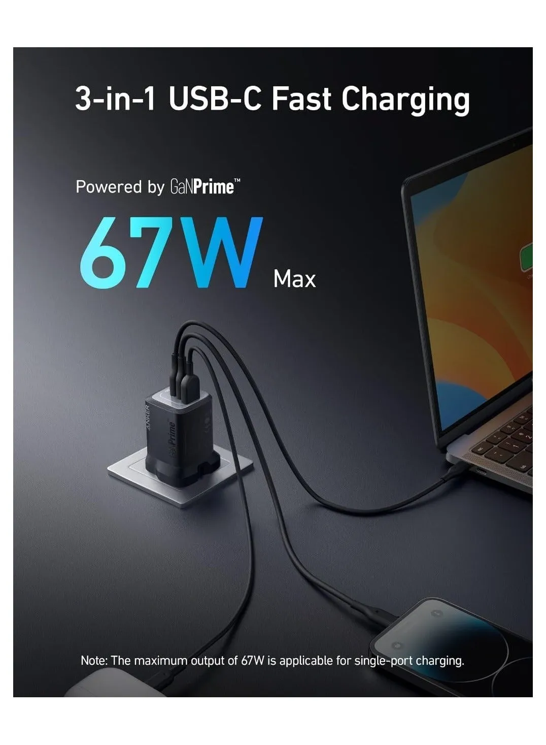 قابس USB C بقدرة 67 وات، شاحن حائط Anker GaN، شاحن PPS سريع مدمج وقابل للطي بثلاثة منافذ، شاحن سريع لأجهزة MacBook Pro/Air وiPad Pro وiPhone 15 / Pro وGalaxy S23 / S22 وNote20 وPixel وApple Watch والمزيد أسود-2