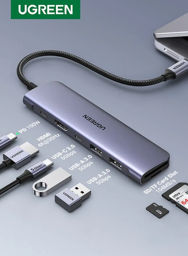 موزع USB C ب7 في 1 محول تايب سي بـواحد منفذ تايب سي ومنفذين USB-A 3.0 لنقل بيانات، مع منفذ شحن سريع 100W، منفذ 4K يواس بي سي الى HDMI، قارئ بطاقة SD/TF، محول متعدد المنافذ لأيفون 15 وماك بوك برو وماك اير رمادي-1