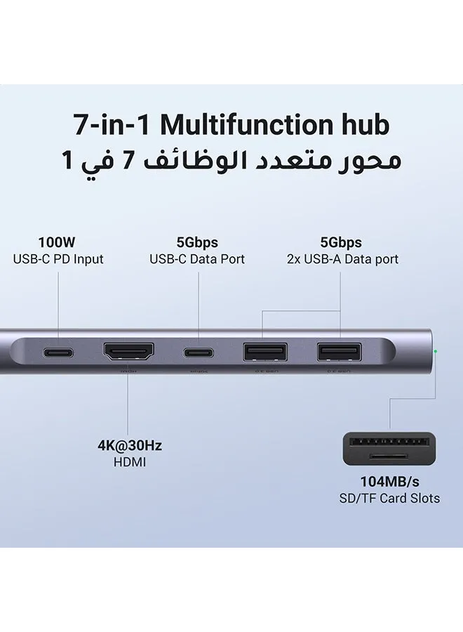 موزع USB C ب7 في 1 محول تايب سي بـواحد منفذ تايب سي ومنفذين USB-A 3.0 لنقل بيانات، مع منفذ شحن سريع 100W، منفذ 4K يواس بي سي الى HDMI، قارئ بطاقة SD/TF، محول متعدد المنافذ لأيفون 15 وماك بوك برو وماك اير رمادي-2