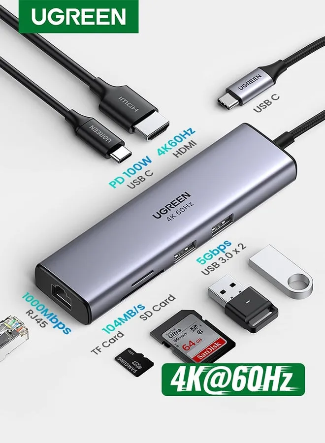 محول7 في 1 USB C متعدد المنافذ 4K@60Hz مع منفذين USB محطة إرساء USB-C مع 4K HDMI، قارئ بطاقة SD/TF، الطاقة تسليم الألومنيوم 100W USB-C، متوافق مع ماك بوك، أيفون 15، ايباد برو 2021،آيباد إير لون رمادي-1