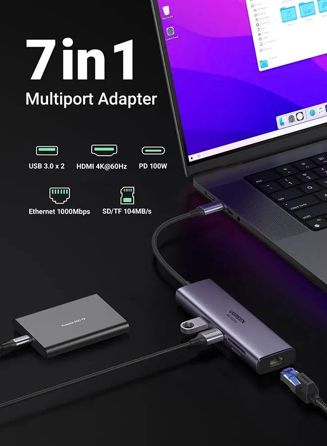 محول7 في 1 USB C متعدد المنافذ 4K@60Hz مع منفذين USB محطة إرساء USB-C مع 4K HDMI، قارئ بطاقة SD/TF، الطاقة تسليم الألومنيوم 100W USB-C، متوافق مع ماك بوك، أيفون 15، ايباد برو 2021،آيباد إير لون رمادي-2